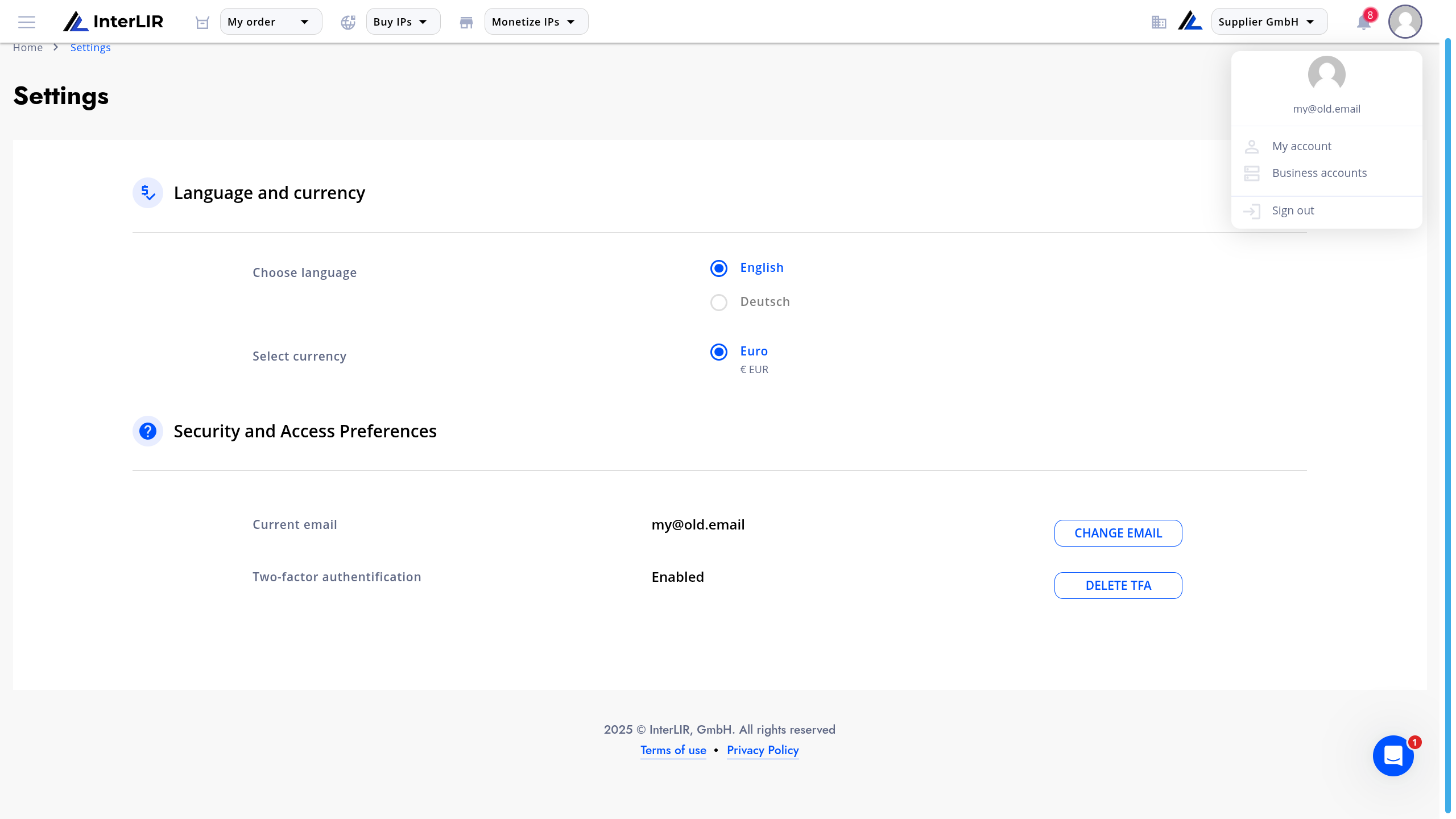 Account dropdown