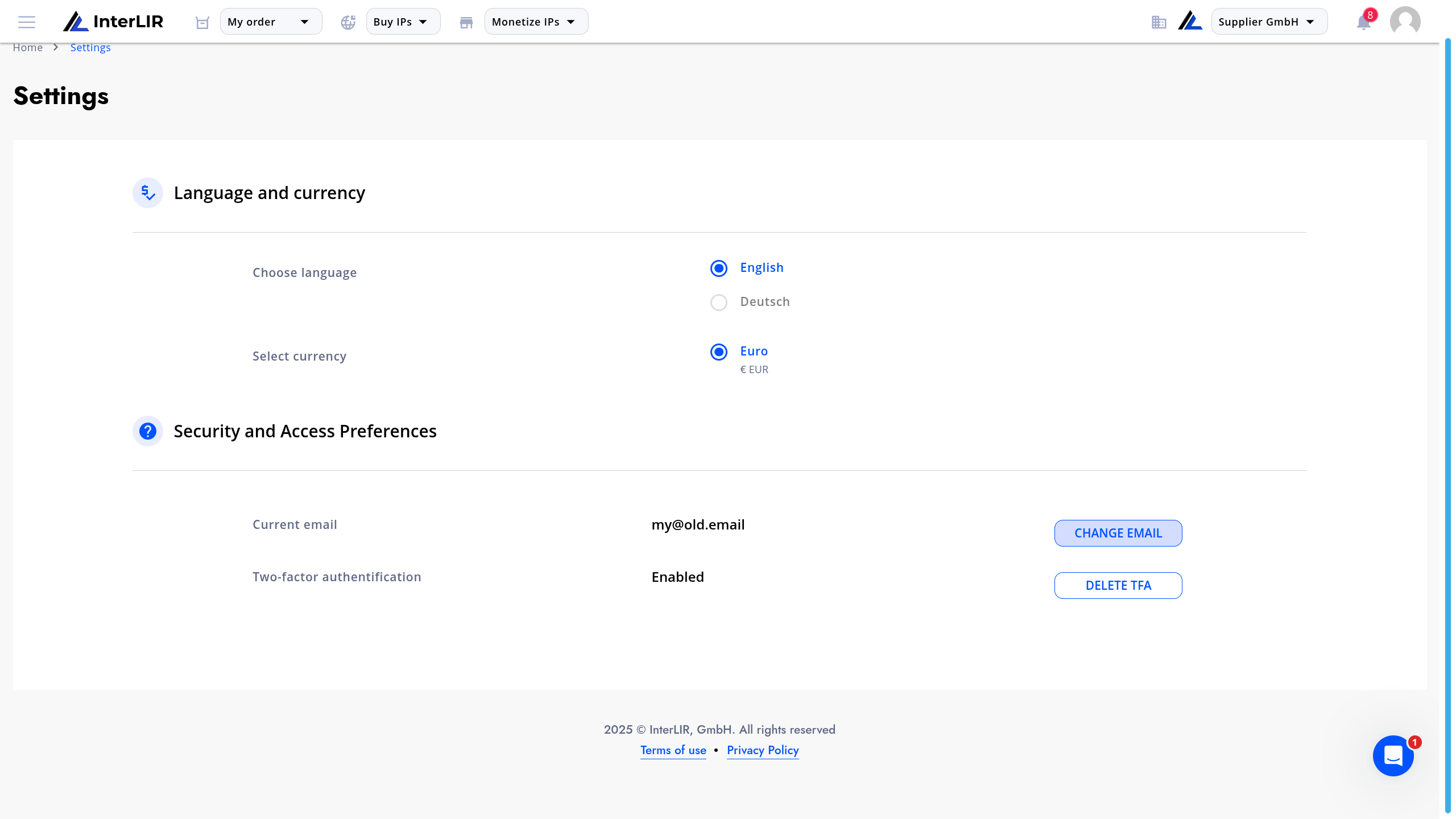 Settings screen