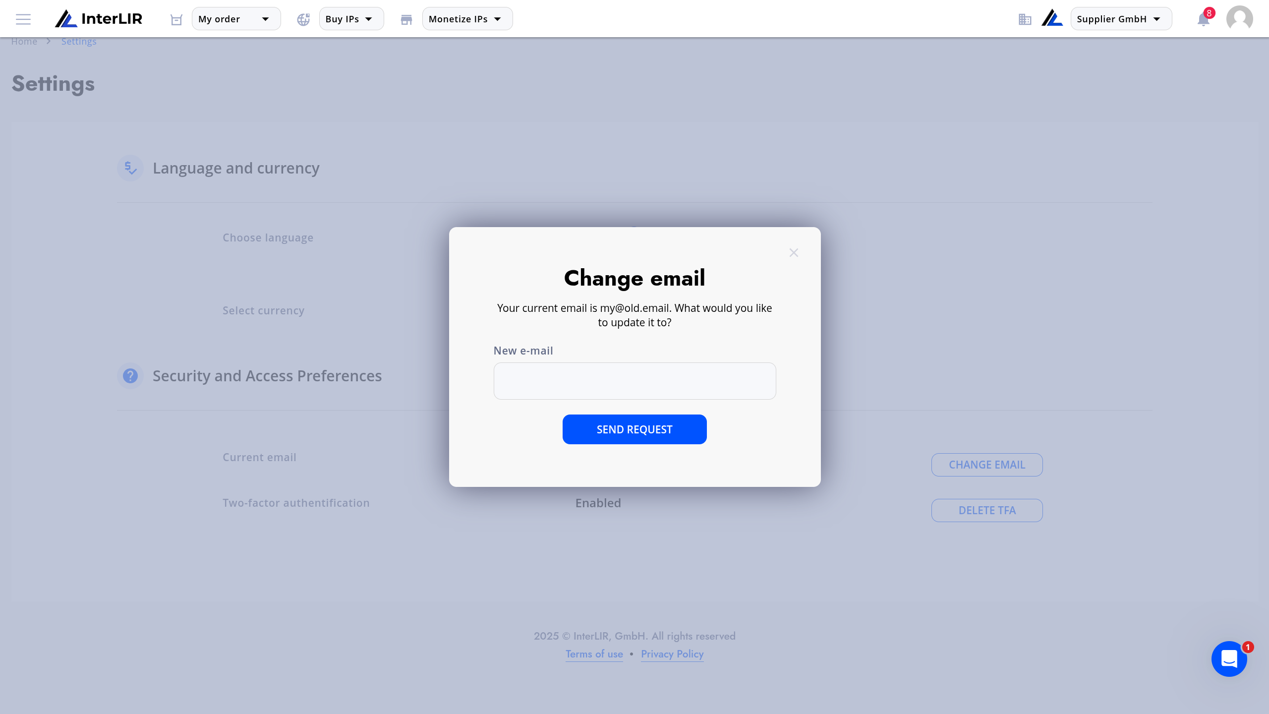 Change email modal – enter new email