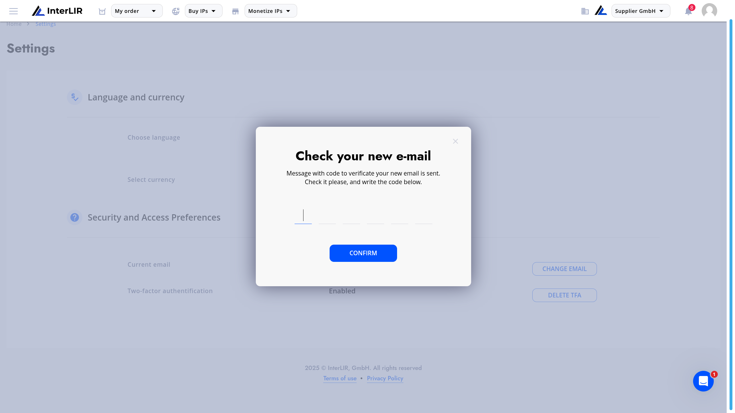 Updated email in settings