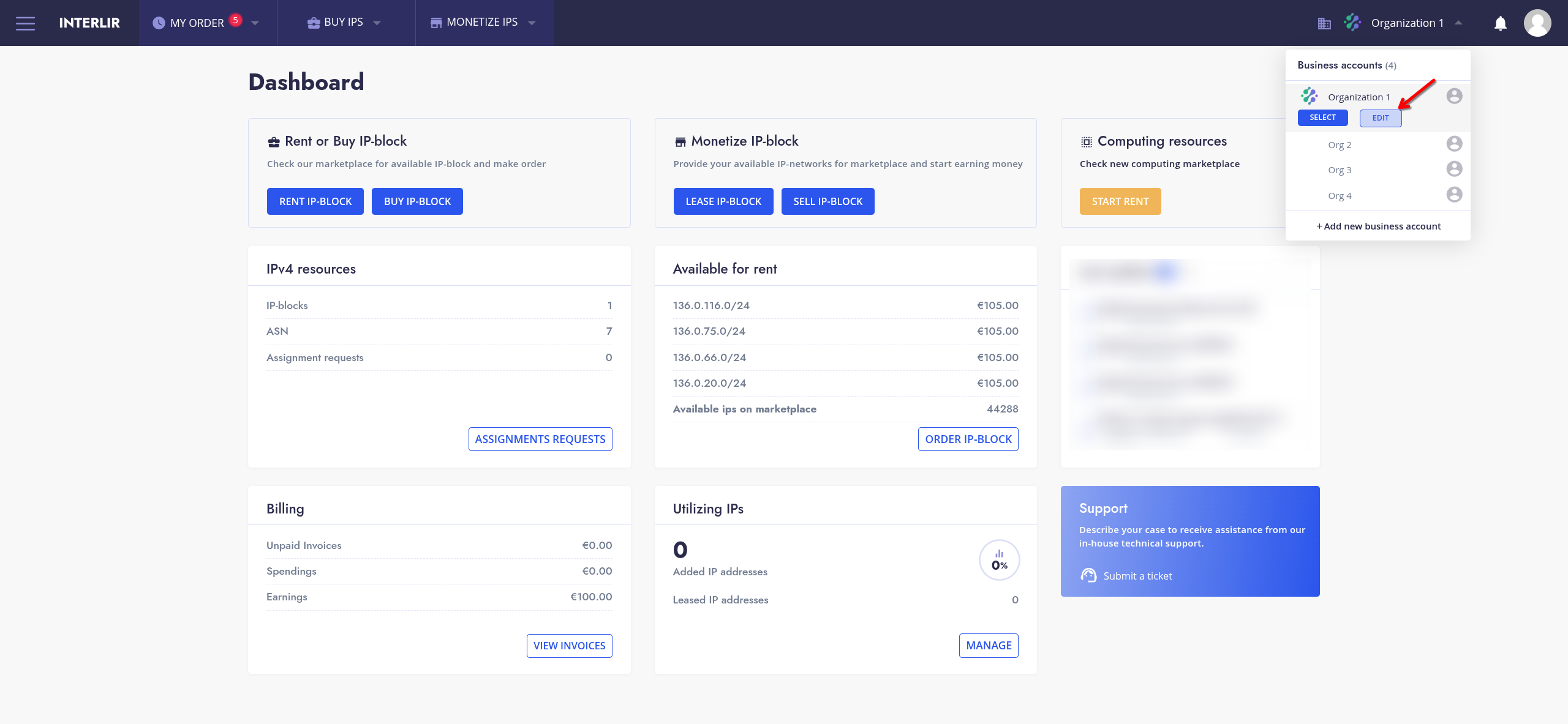 Edit button - Dashboard page
