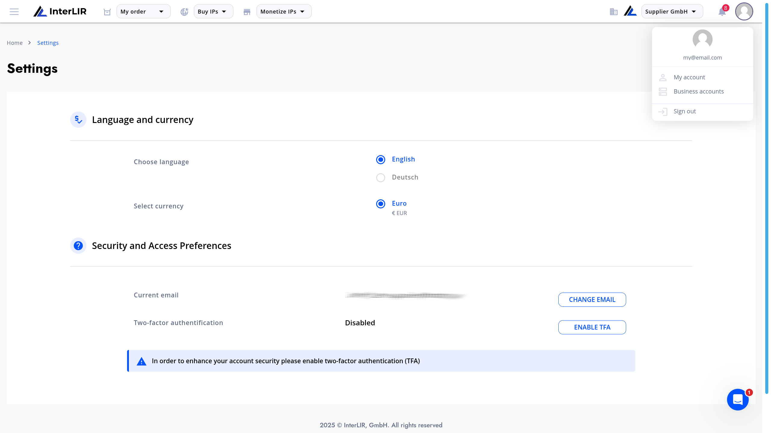 My account dropdown