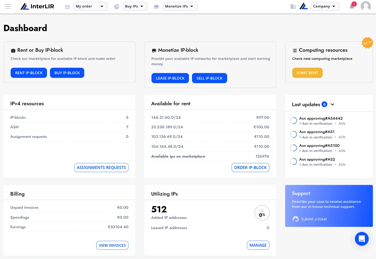 InterLIR Global IPv4 marketplace dashboard